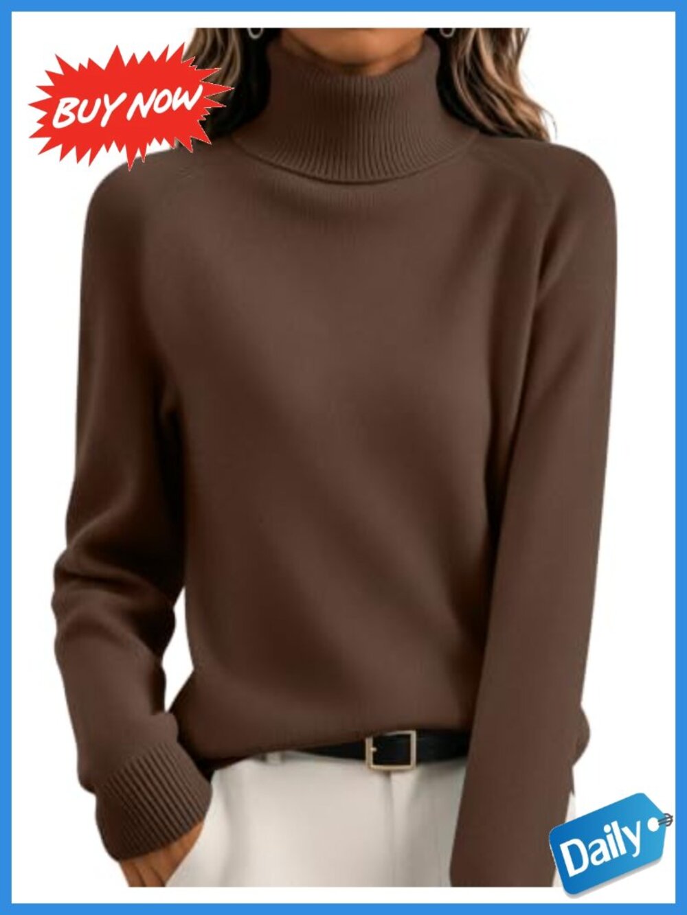 Womens Turtleneck Pullover Sweater Long Sleeve Ribbed Knit Viscose Blend